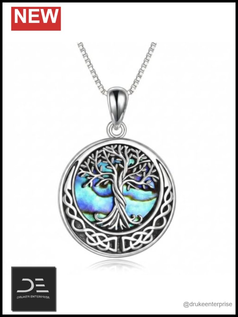 Celtic Tree of Life Pendant Necklace, Abalone Shell, 18K White Gold Plated, 18"